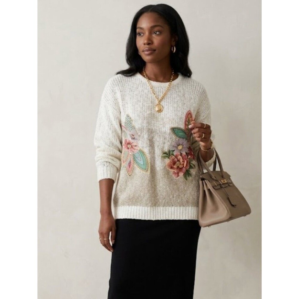 Vintage Exclusive Imports Floral Patchwork Chunky Metallic Knit Sweater Medium